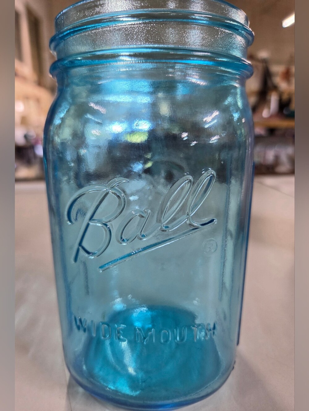 Vintage Ball Sculptured Glass Blue Mason Jar Wide Mouth Fruit Medallion 24oz